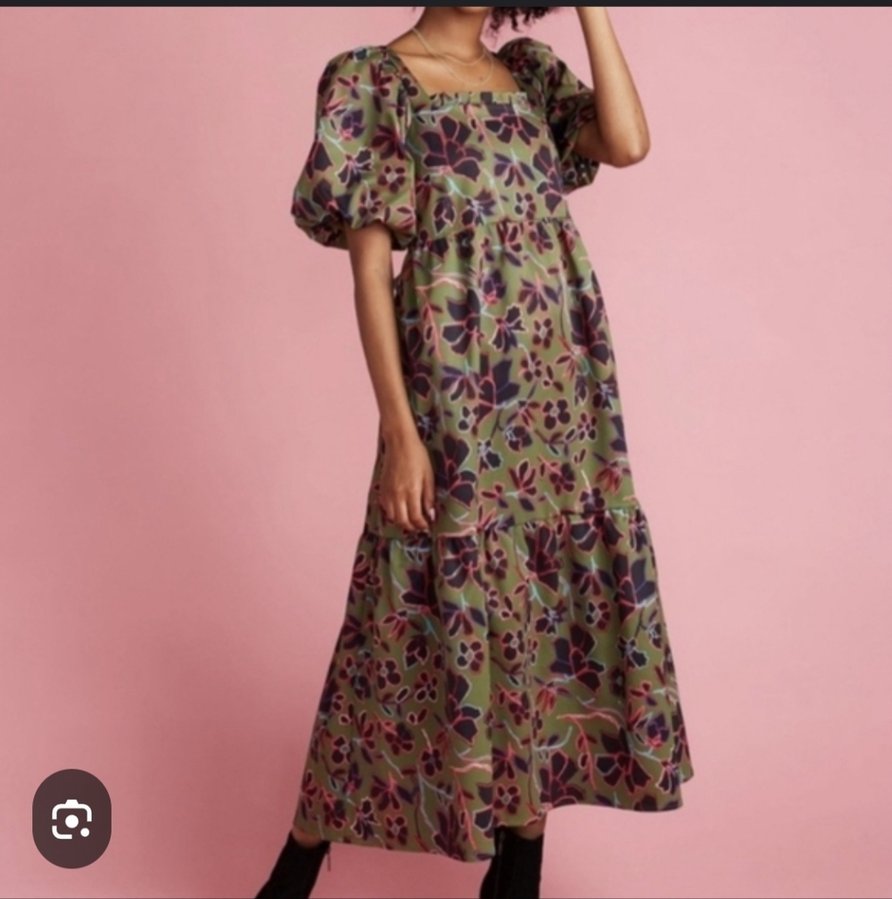 CROSBY by Mollie Burch Olive Floral Midi Dress with Puff Sleeves
